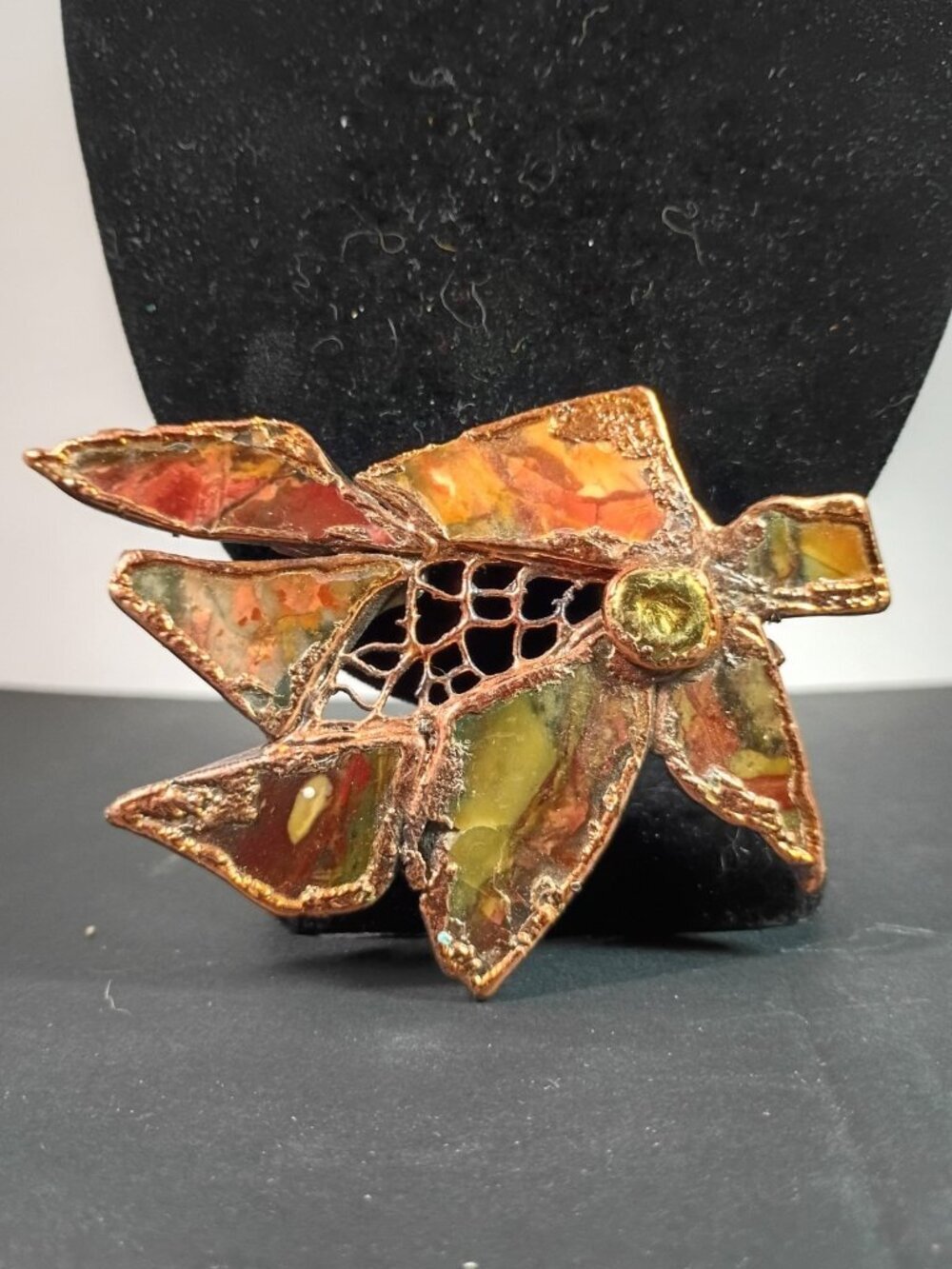 Handmade Brutalist Copper Natural Gemstone Vintage Brooch Pin